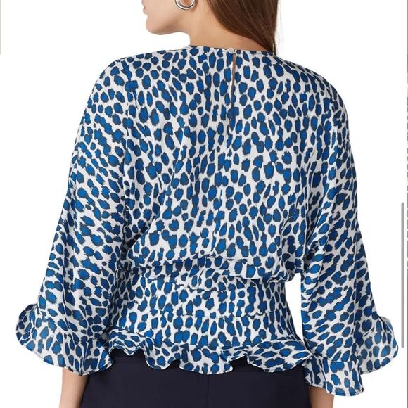 Derek Lam Collective Crosby Leopard Ruffle Hem Top Women Sz 4 Animal Print Blue - Picture 2 of 12